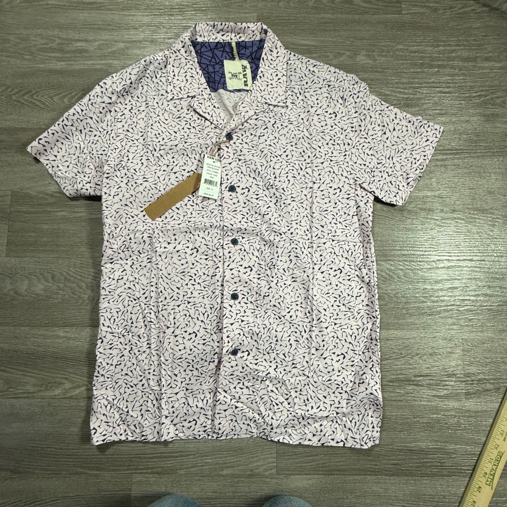 Raw Edge Mens Pink Viscose Printed Short Sleeve Button Up Shirt Slim Fit M New